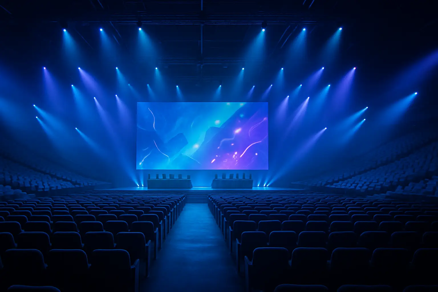 A darkened esports arena with empty seats and a large screen displaying a tactical shooter game
