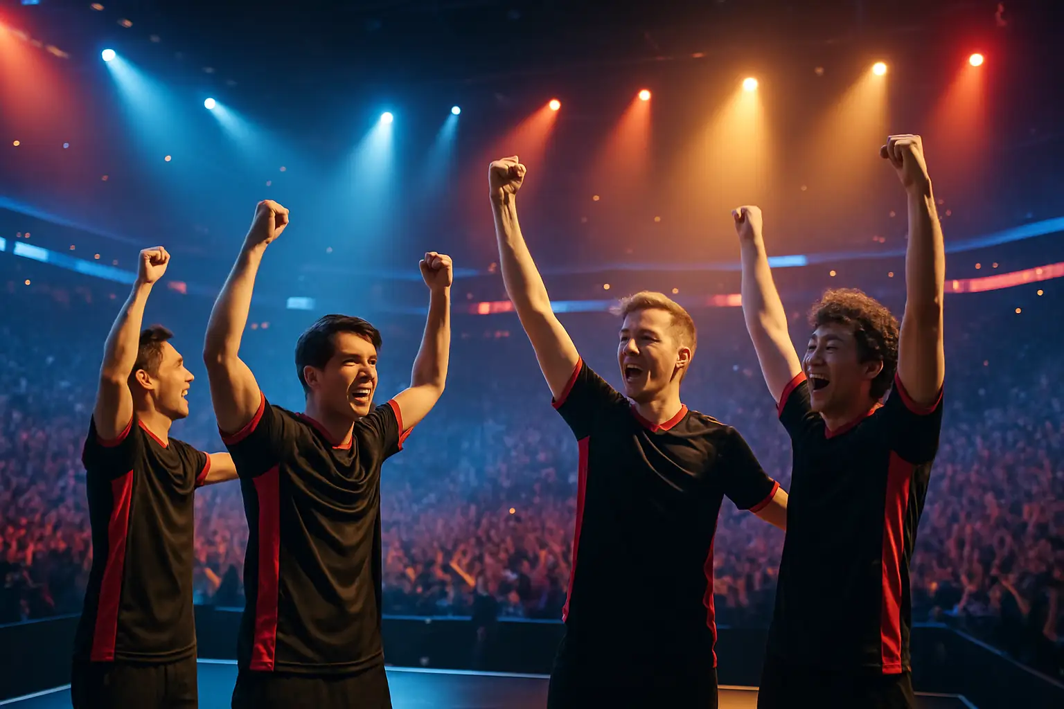A competitive esports team celebrating a championship win on a large tournament stage with bright lighting