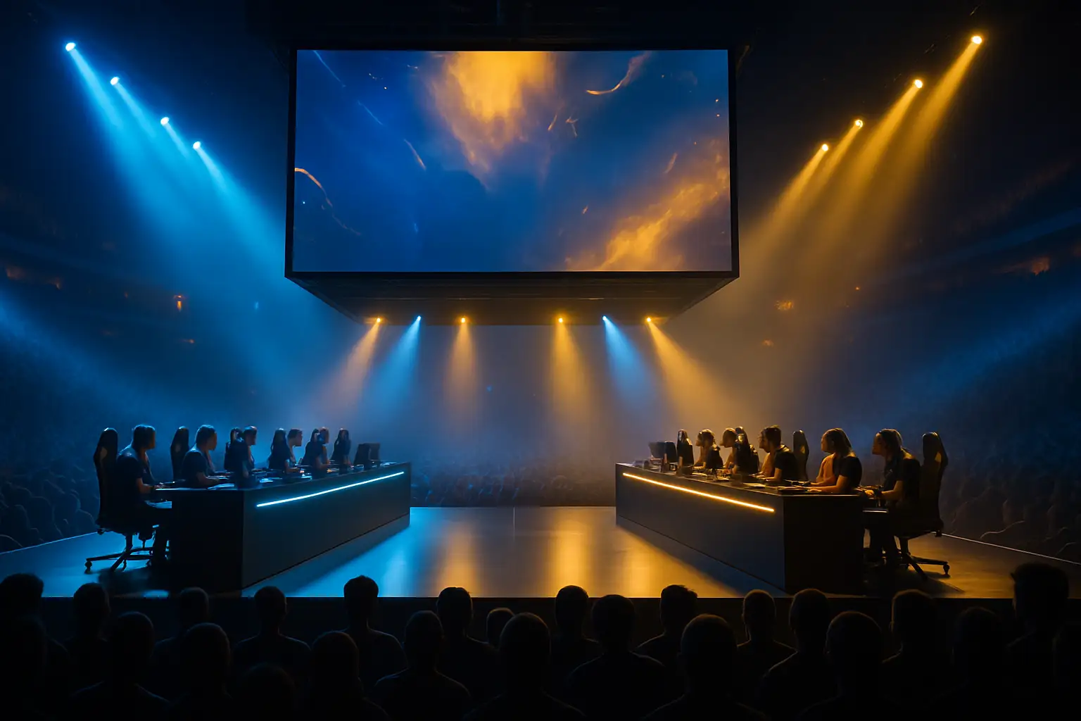 Two esports teams facing off on a competitive Rainbow Six Siege stage at a large arena event