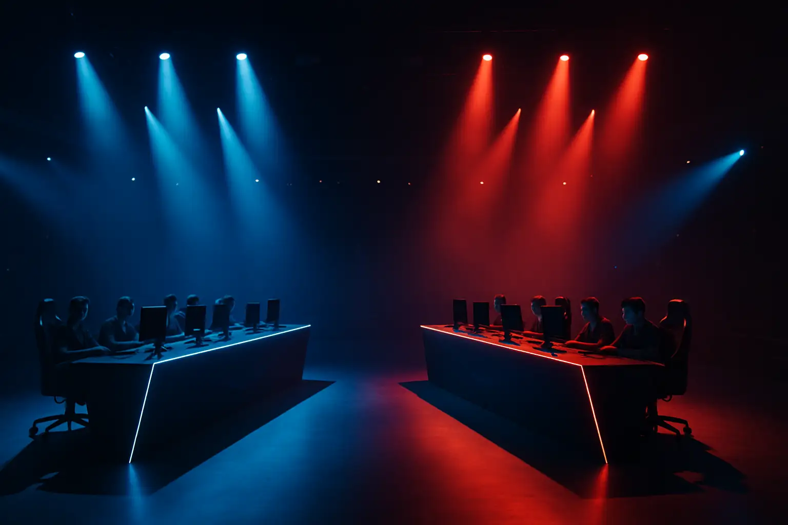 Two Rainbow Six Siege teams facing off on a competitive stage under arena lighting