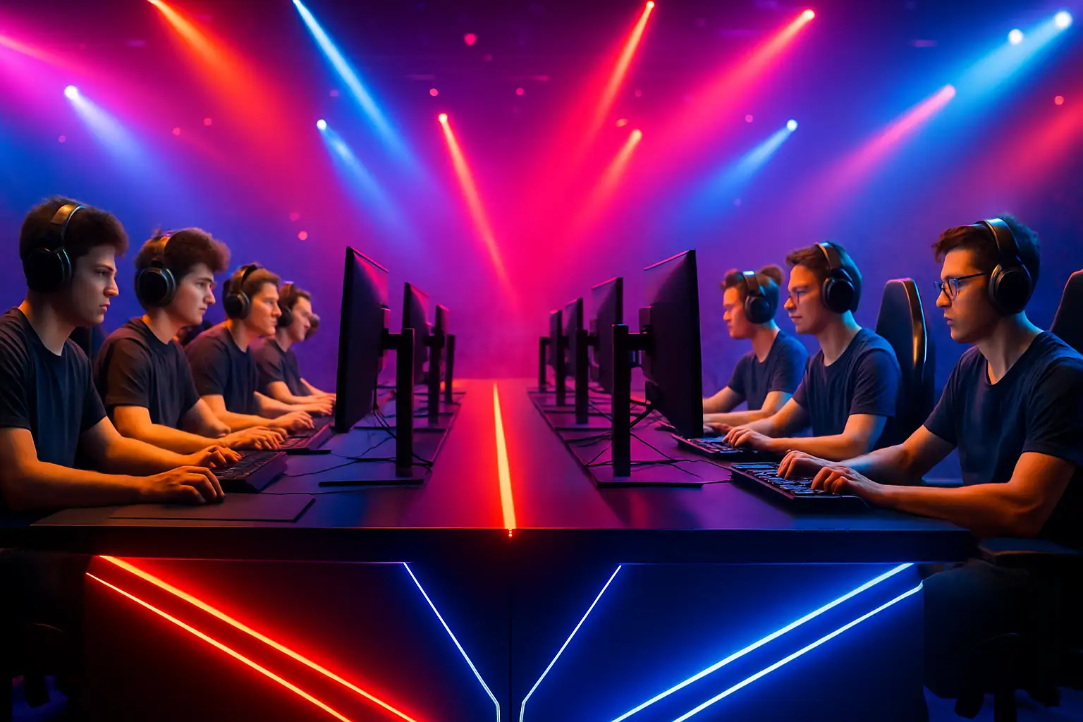 Two Rainbow Six Siege teams facing off on a competitive stage under bright arena lighting