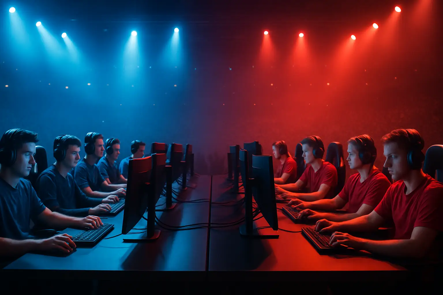 Two VALORANT esports teams preparing to compete on stage under colorful arena lighting
