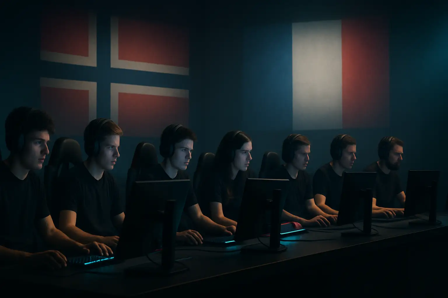 Six esports players at computers competing in a national qualifier tournament
