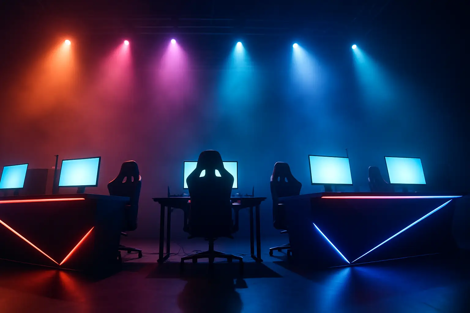 A gaming setup with a monitor displaying a battle royale game in a darkened esports arena
