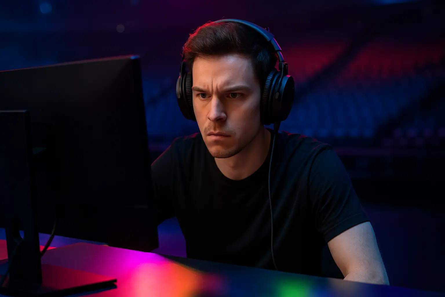 A competitive gamer wearing a headset focused on a screen showing a battle royale match