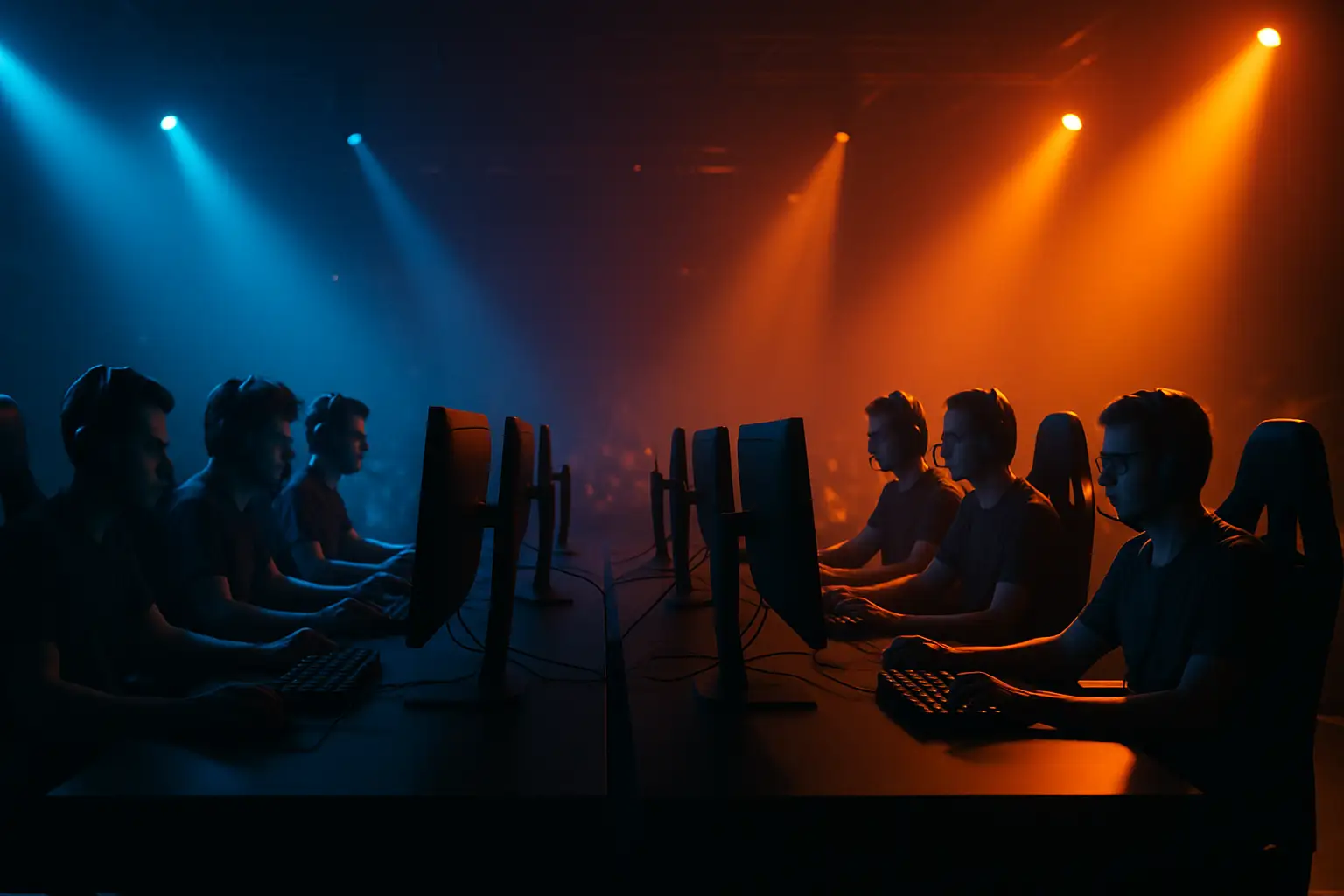 Two CS2 teams competing on stage under arena lighting