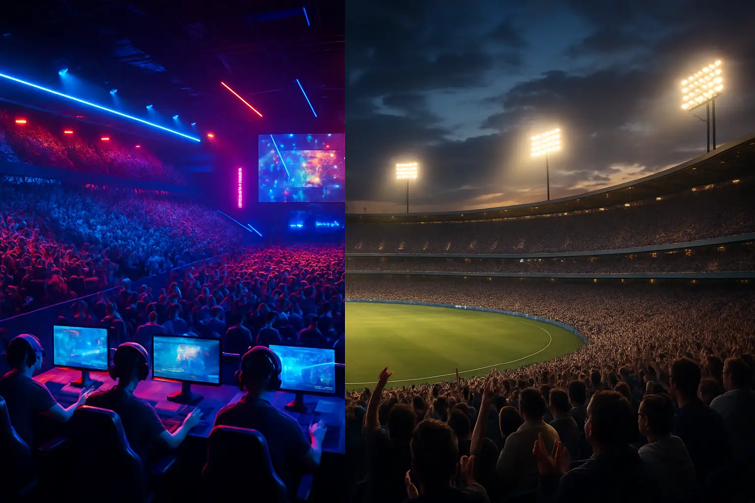 A split-scene showing a packed esports arena alongside a traditional sports stadium at night