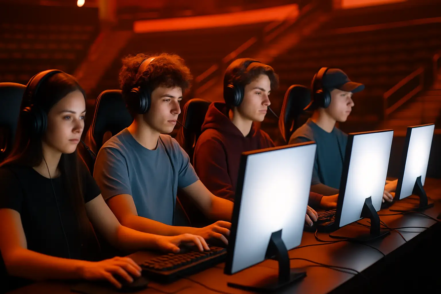 Young people gathered around gaming screens at a competitive esports event