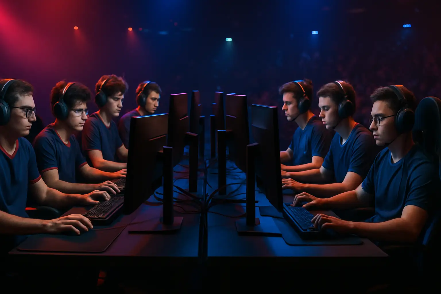 Two League of Legends teams competing on stage at a regional esports tournament
