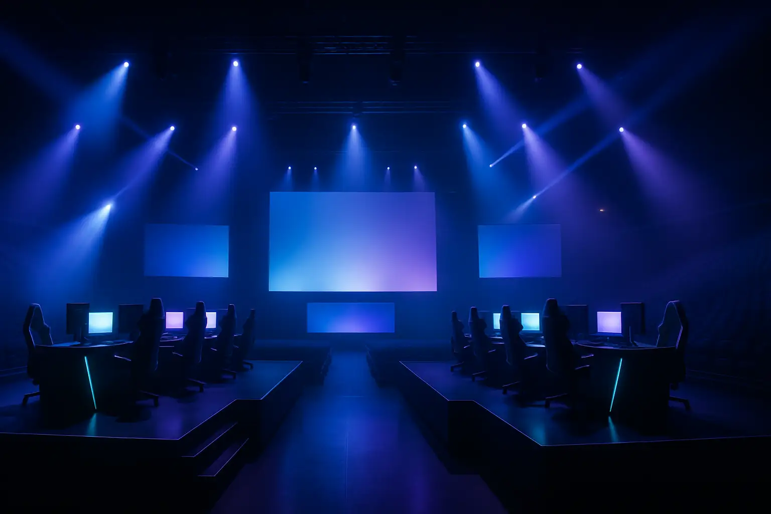 Esports players competing on stage under colorful lights at a major international tournament