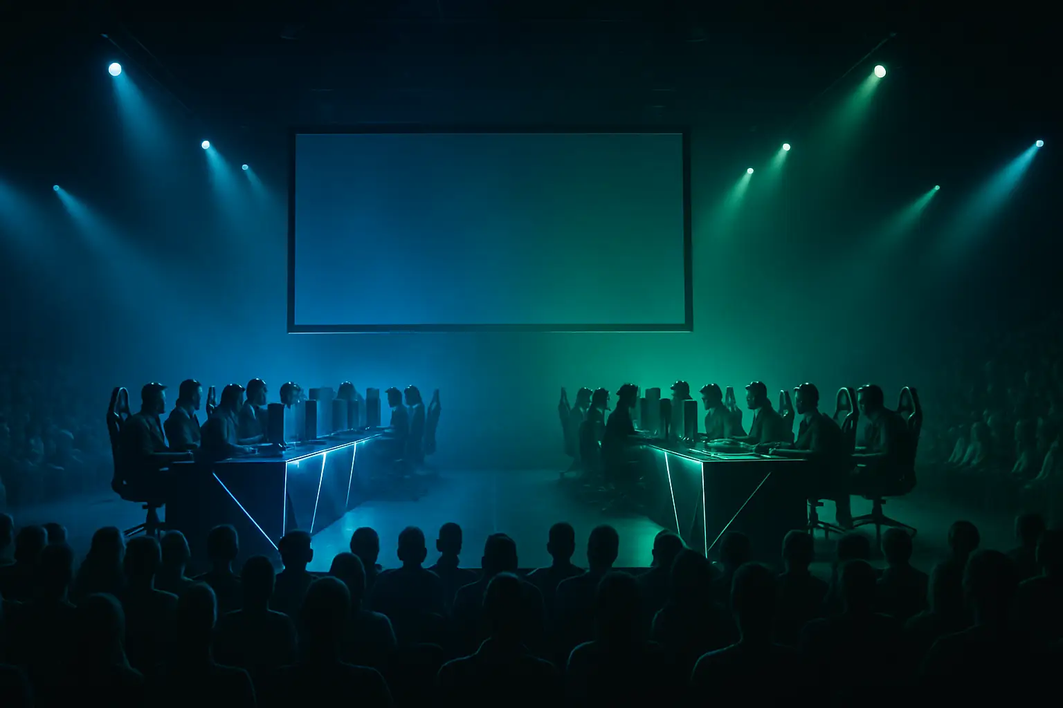 Two eSports teams competing in a best-of-three match on a large screen at a gaming arena