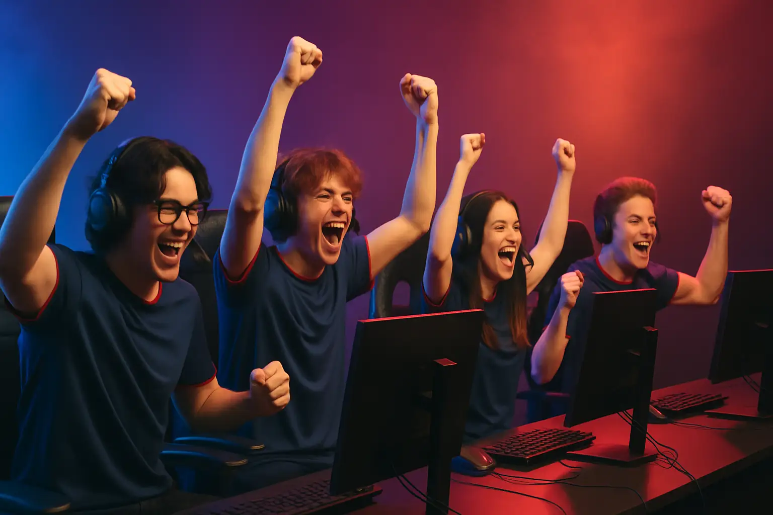 Mobile Legends esports team celebrating a competitive victory on a lit stage