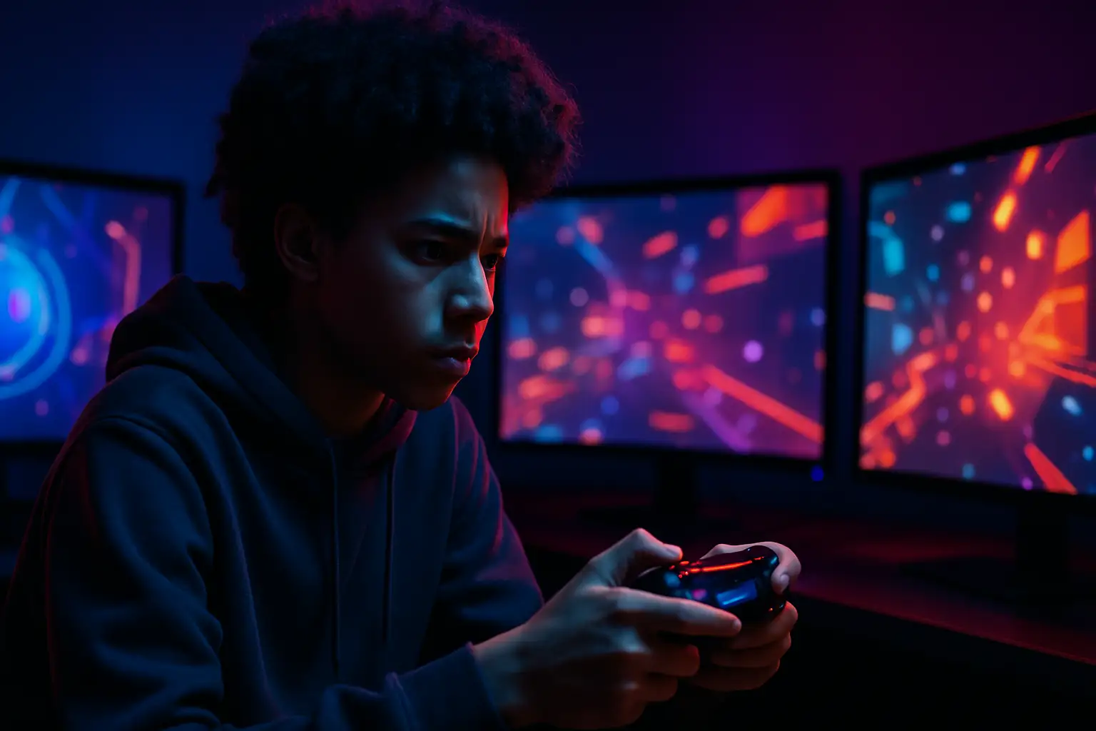 Young person playing a competitive video game with Olympic rings concept in the background