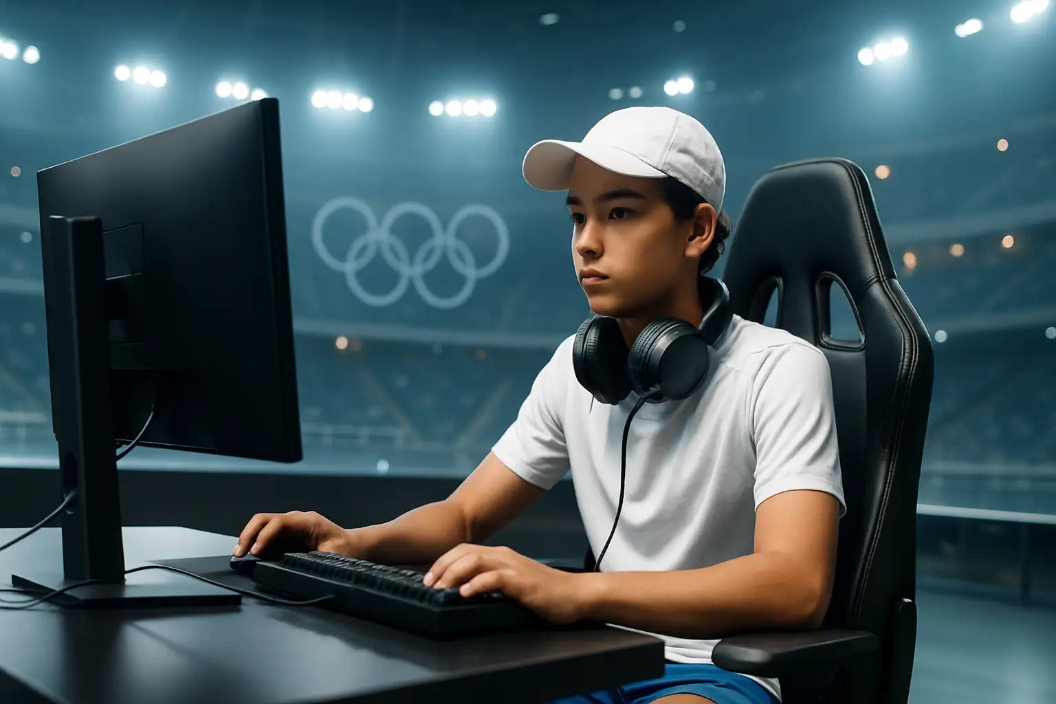 A young Australian gamer at a competitive esports setup with Olympic rings motif in the background
