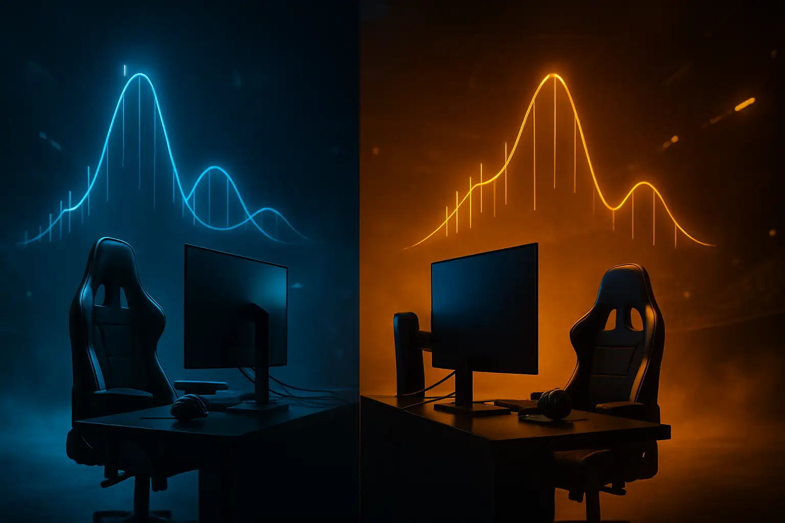 Two esports teams competing on stage with digital prediction market graphics overlaid