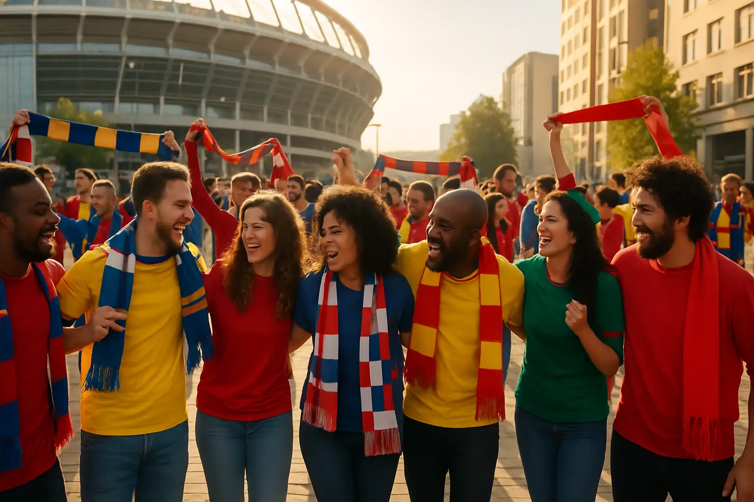 Football fans from different nations standing together outside a World Cup stadium, sharing scarves and smiling