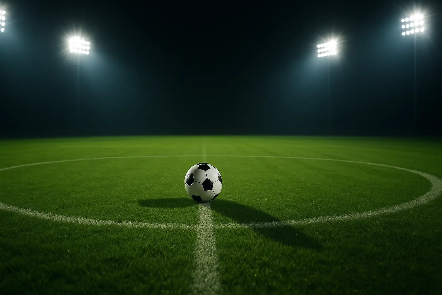 A football resting on a grass pitch inside a large stadium with bright floodlights and empty seats in the background