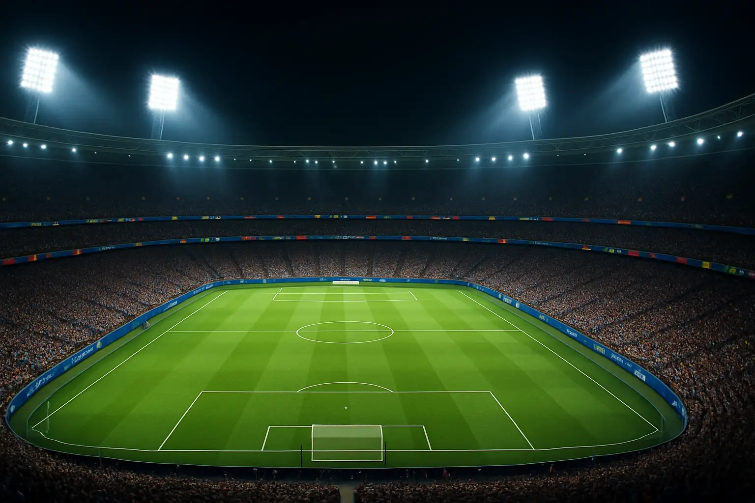A football stadium filled with fans under bright floodlights ahead of a major international tournament