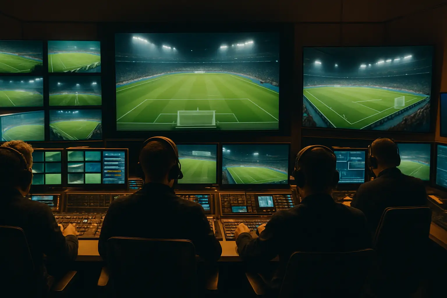 A broadcast control room with multiple screens showing live football match coverage