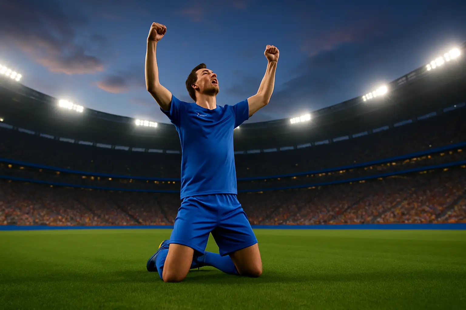 France footballer celebrating a goal in a packed World Cup stadium