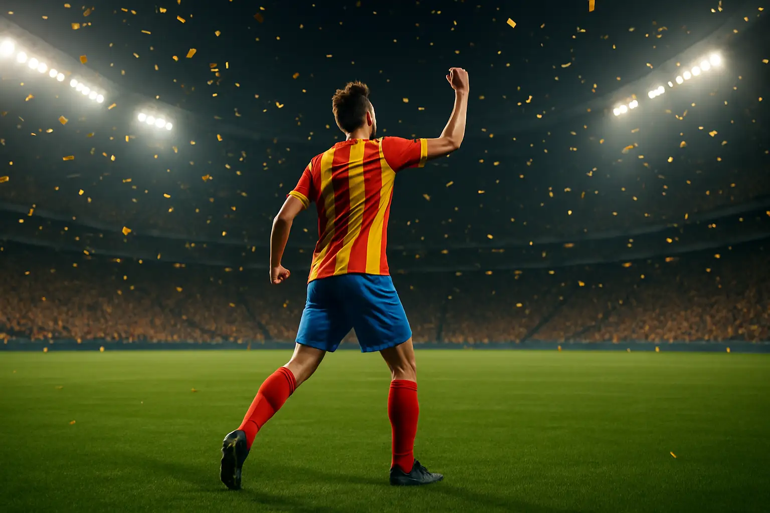 A football striker celebrating a goal on a floodlit World Cup stadium pitch