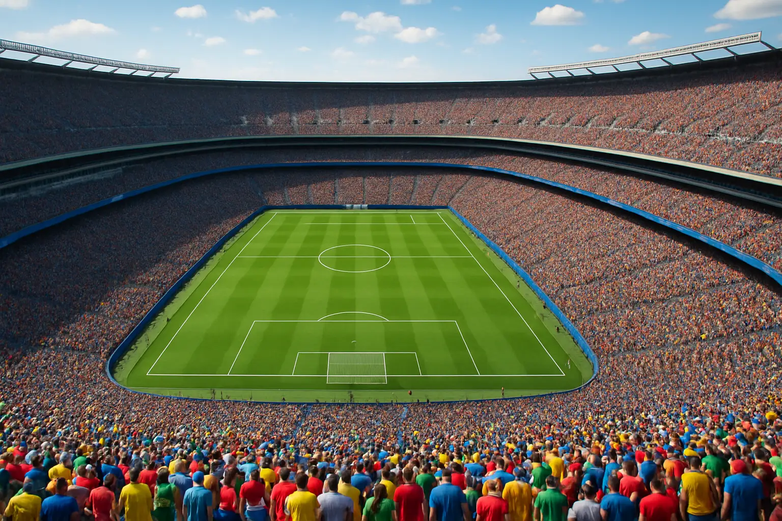 Wide aerial view of a packed NFL stadium configured for a FIFA World Cup match under bright summer sunlight