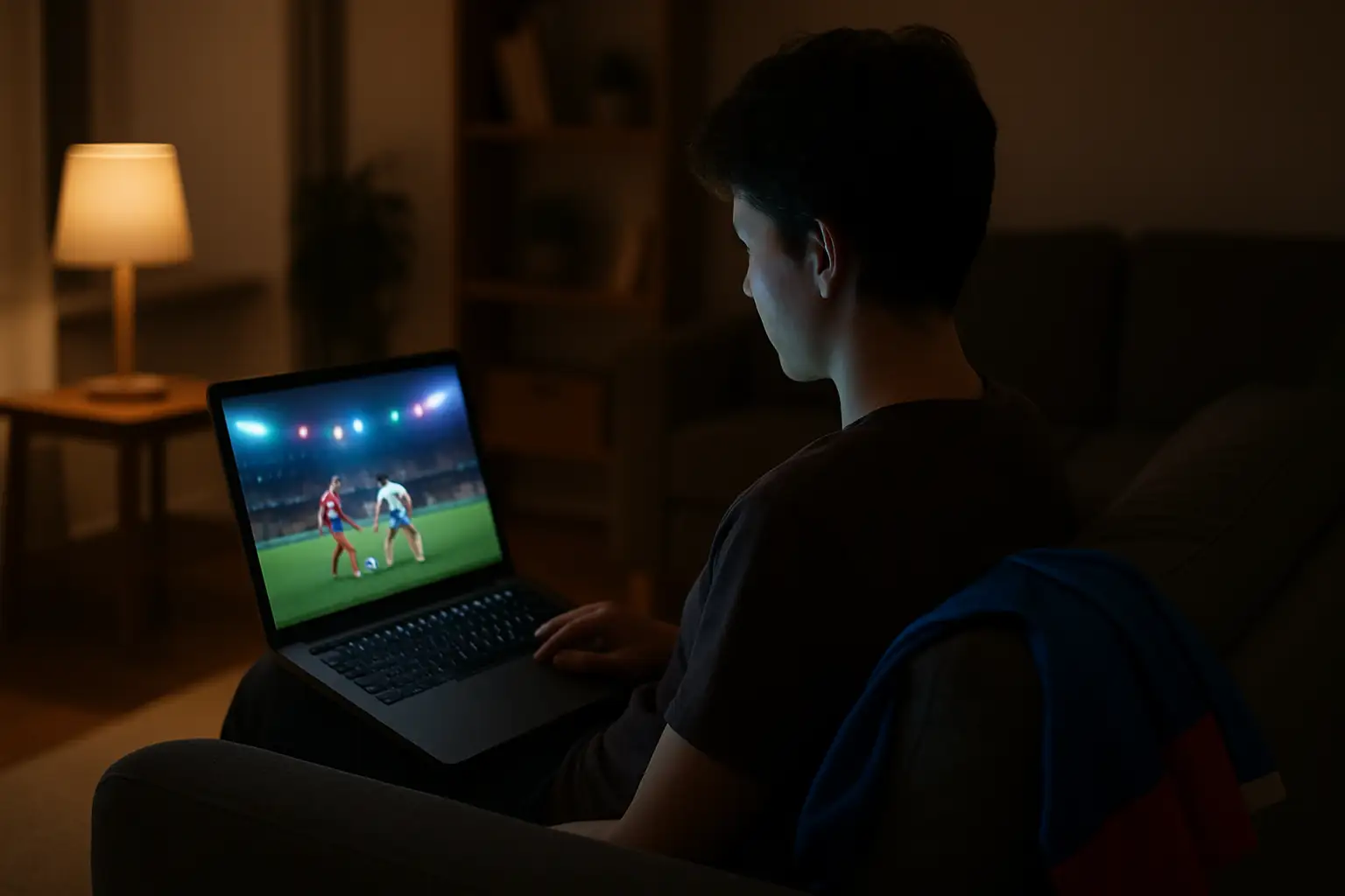 Fan watching the 2026 FIFA World Cup livestream on a laptop at home