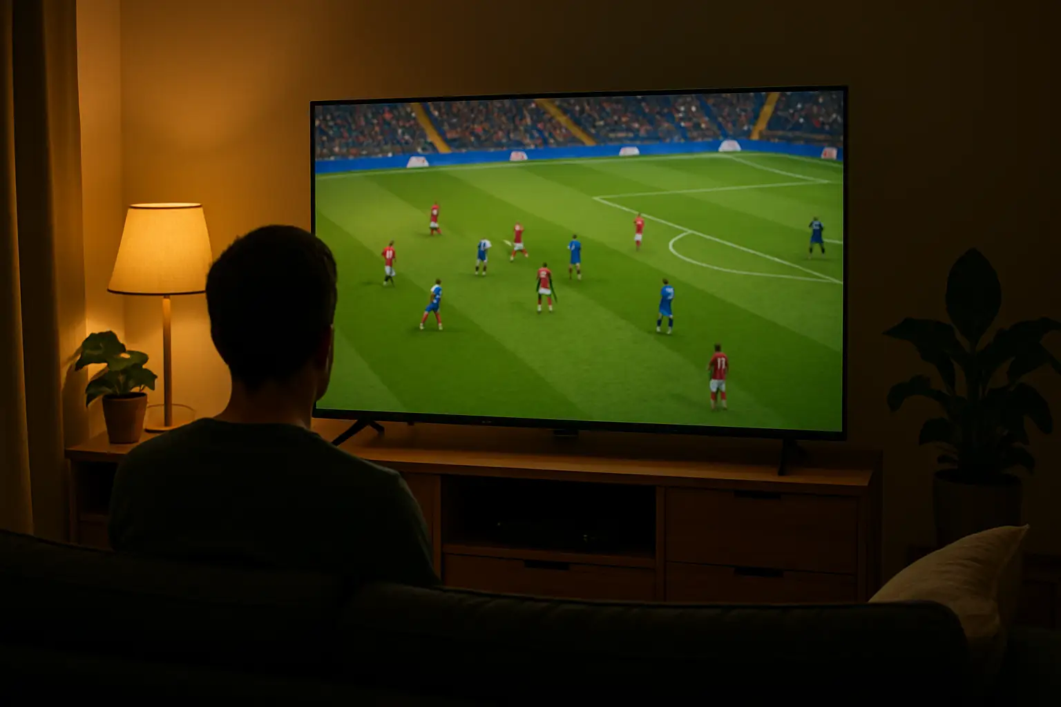 A fan watching a football match livestream on a laptop at home