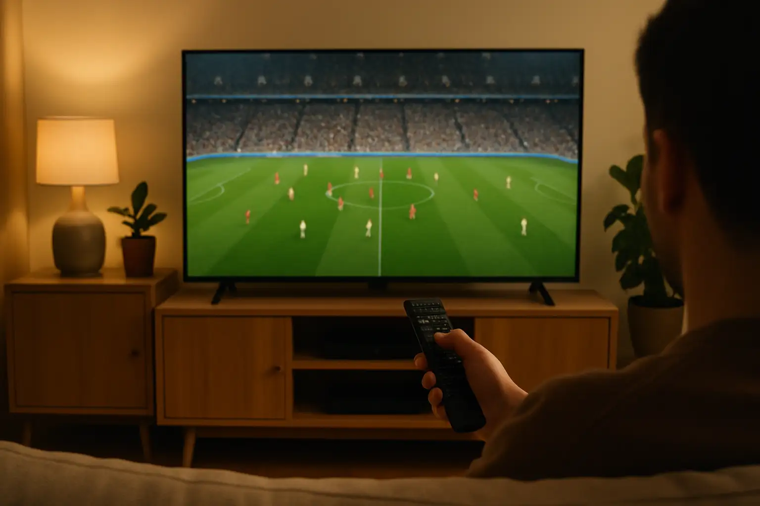 A fan watching the 2026 FIFA World Cup on a large screen TV at home