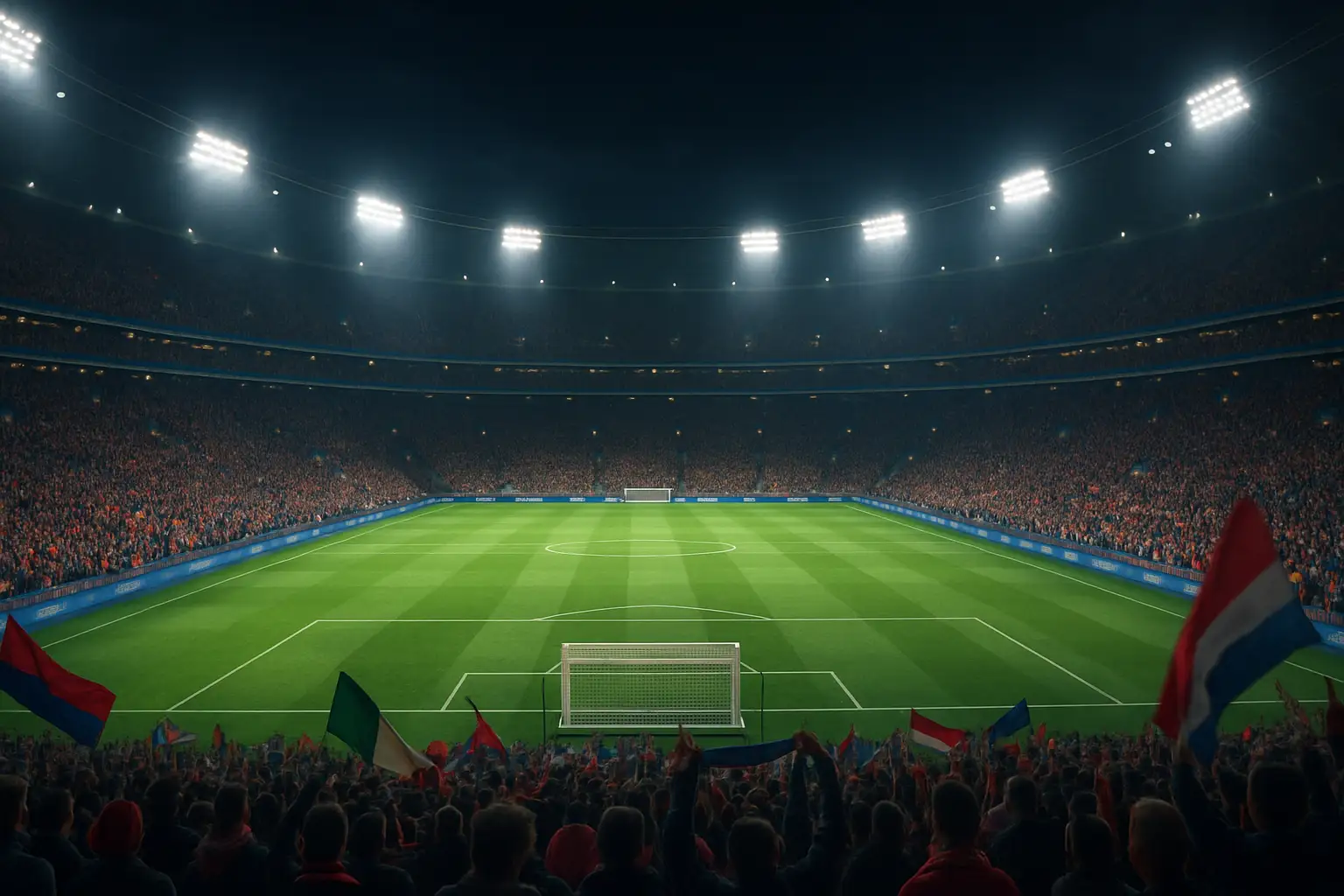 A packed football stadium lit up at night during a World Cup knockout match