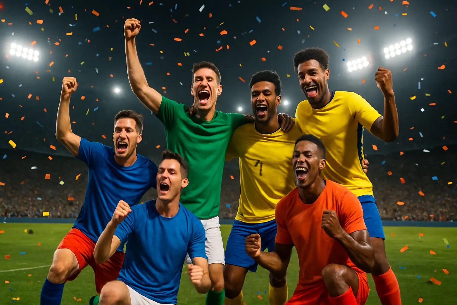 Football players celebrating a World Cup knockout stage victory on a packed stadium pitch