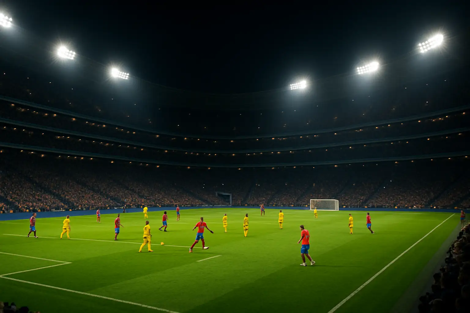 Football players competing on a large international tournament pitch with stadium crowds in the background