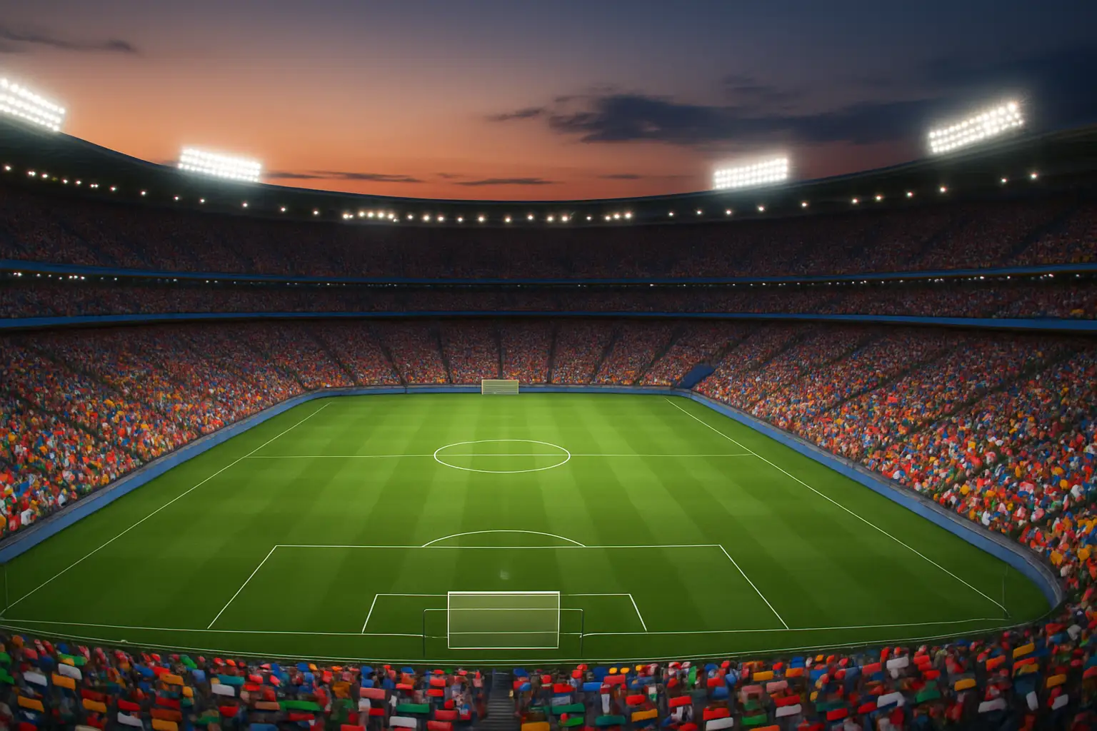 A football stadium filled with fans waving flags from multiple nations ahead of a major international tournament