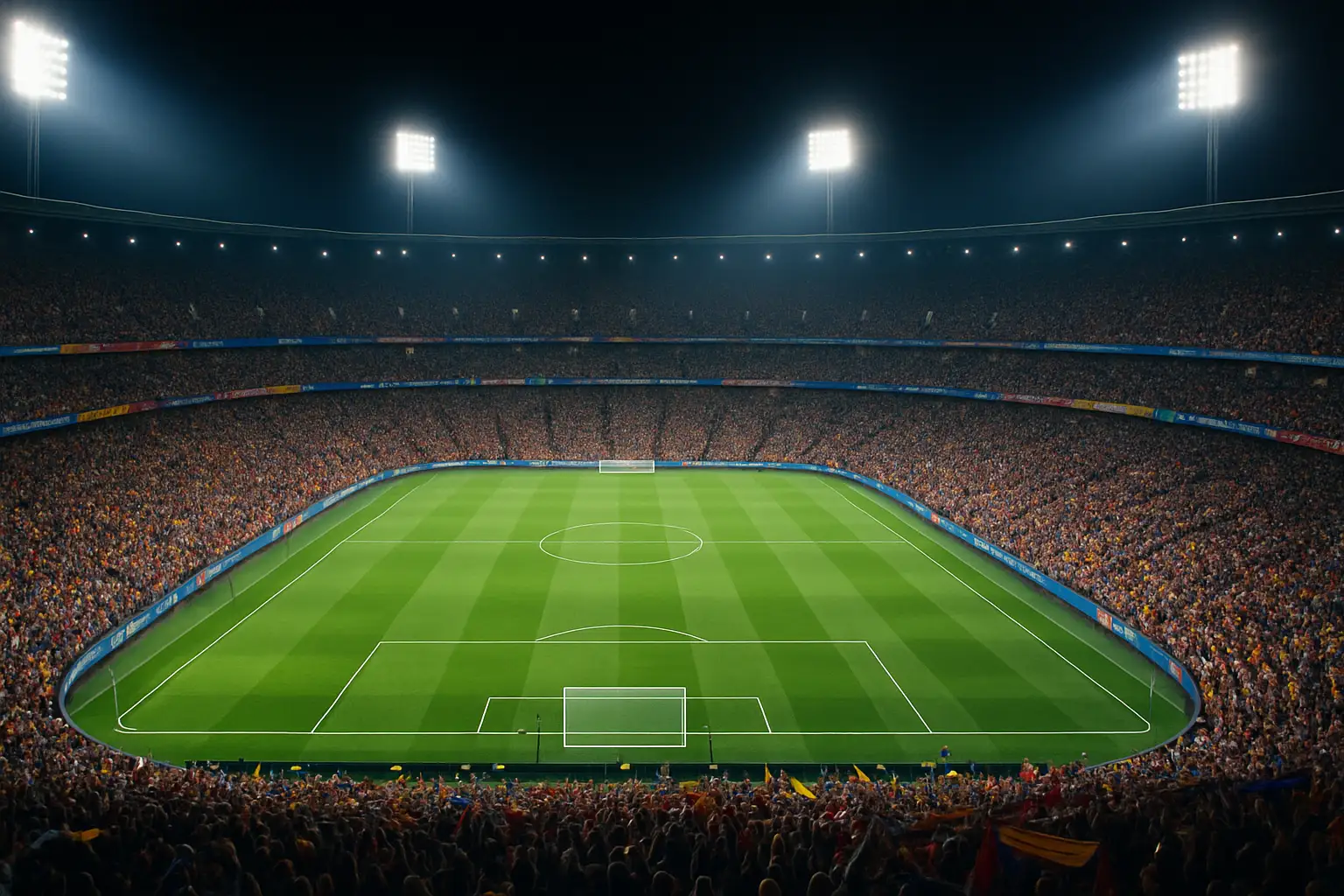 A football stadium packed with fans watching a World Cup semifinal match under floodlights