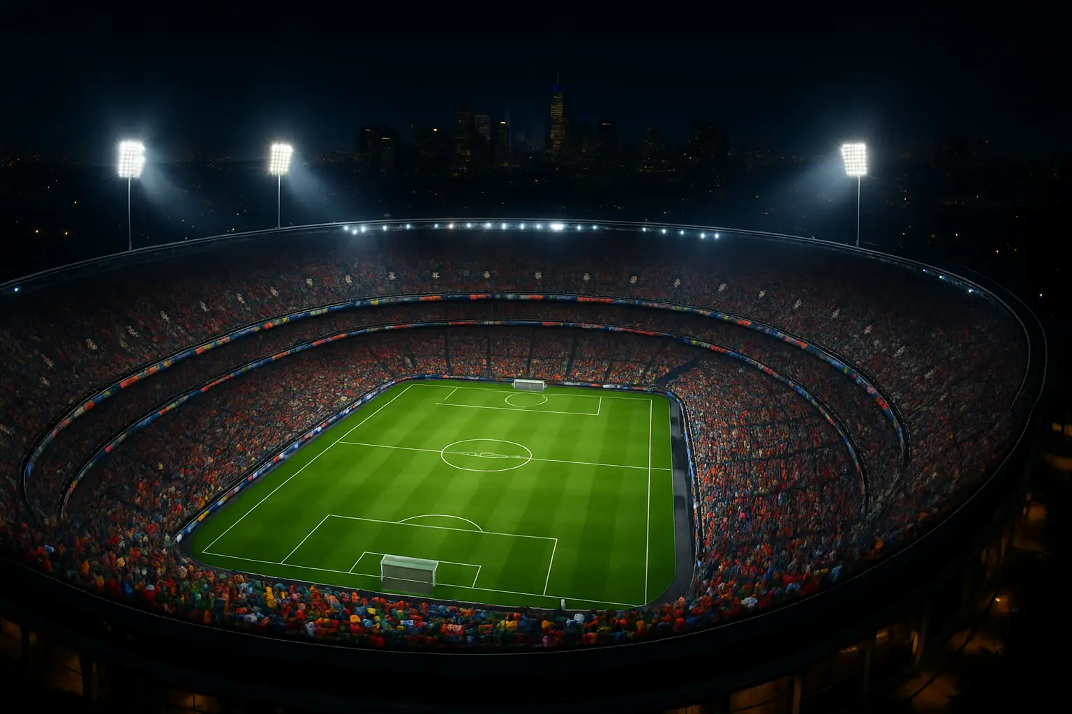 A packed soccer stadium at night with green pitch illuminated and flags from multiple nations in the stands