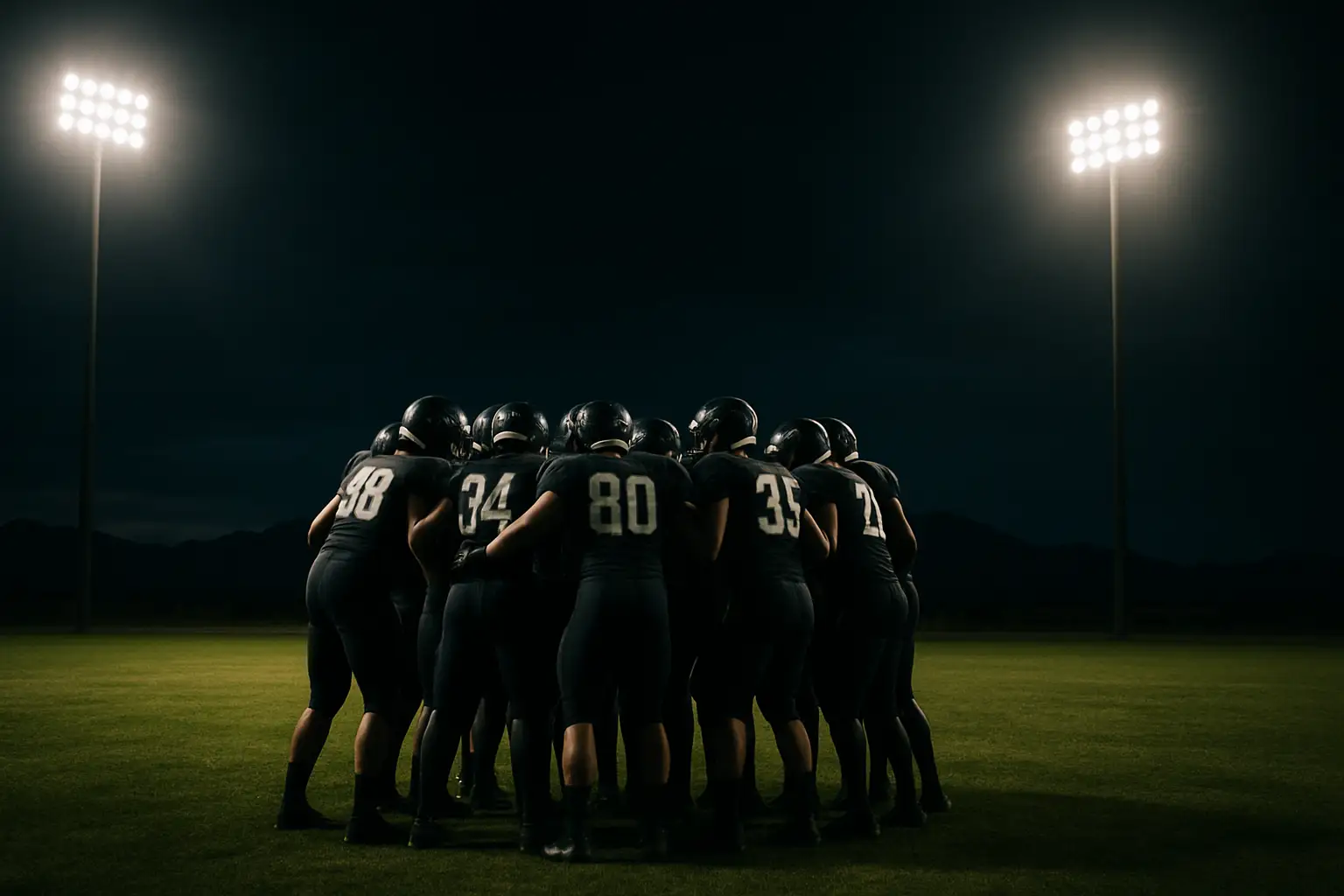 High school football players line up at scrimmage under Friday night lights in Nevada