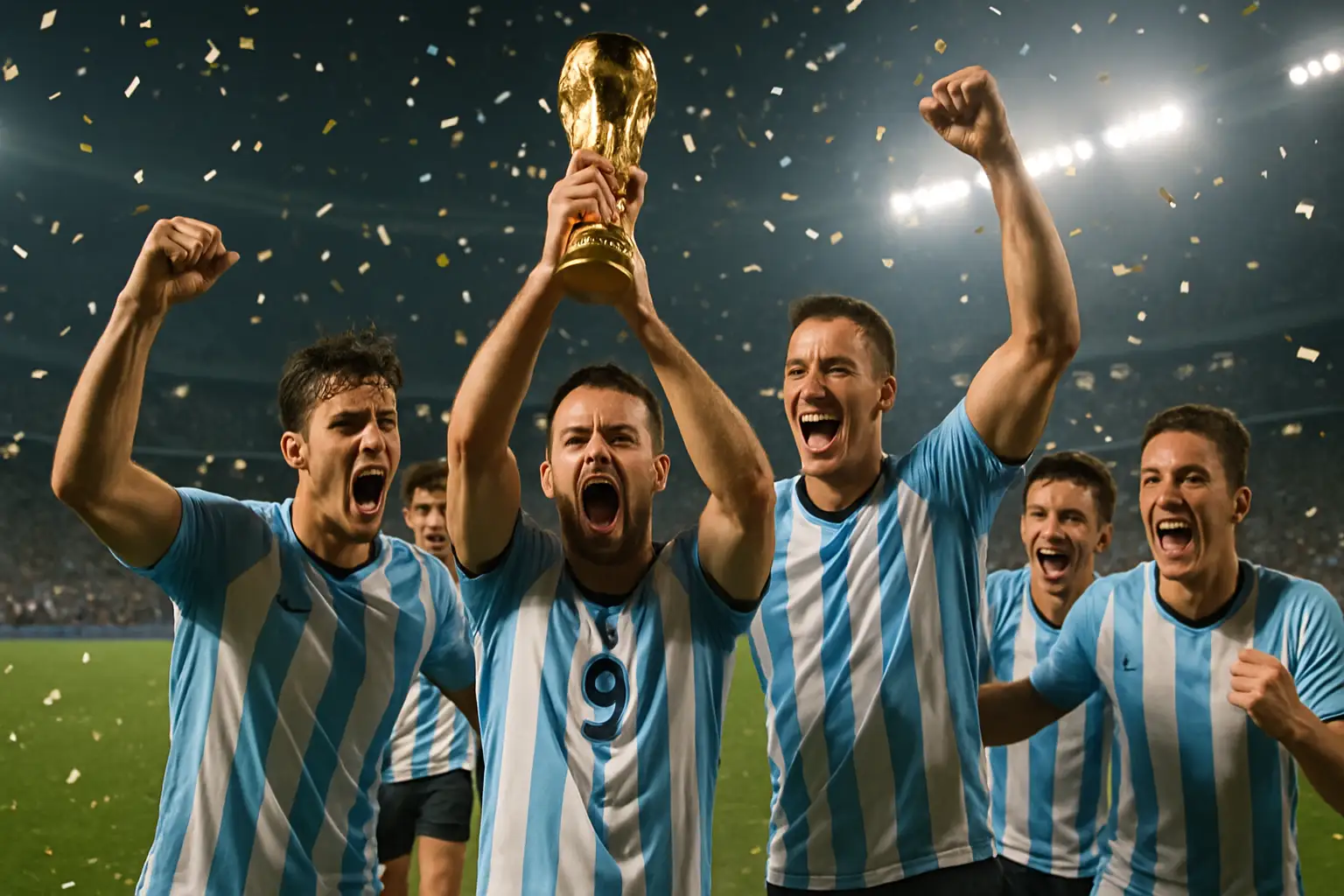 Argentina players celebrating a World Cup knockout stage victory on the pitch