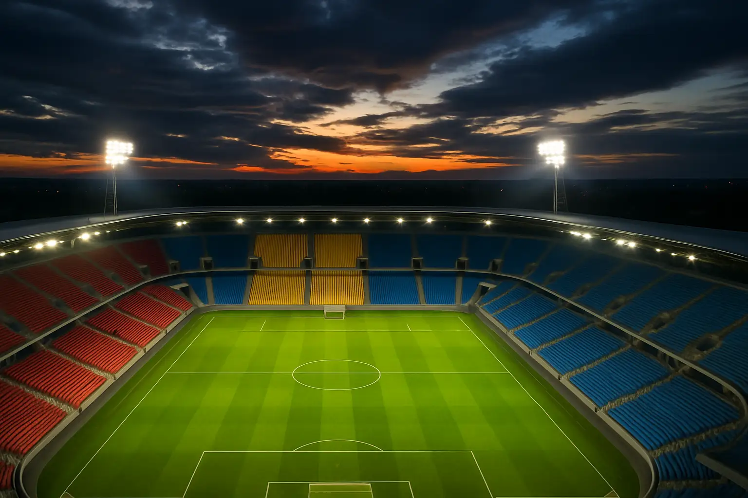 A large illuminated football stadium at dusk with empty seats and a green pitch ready for a major tournament