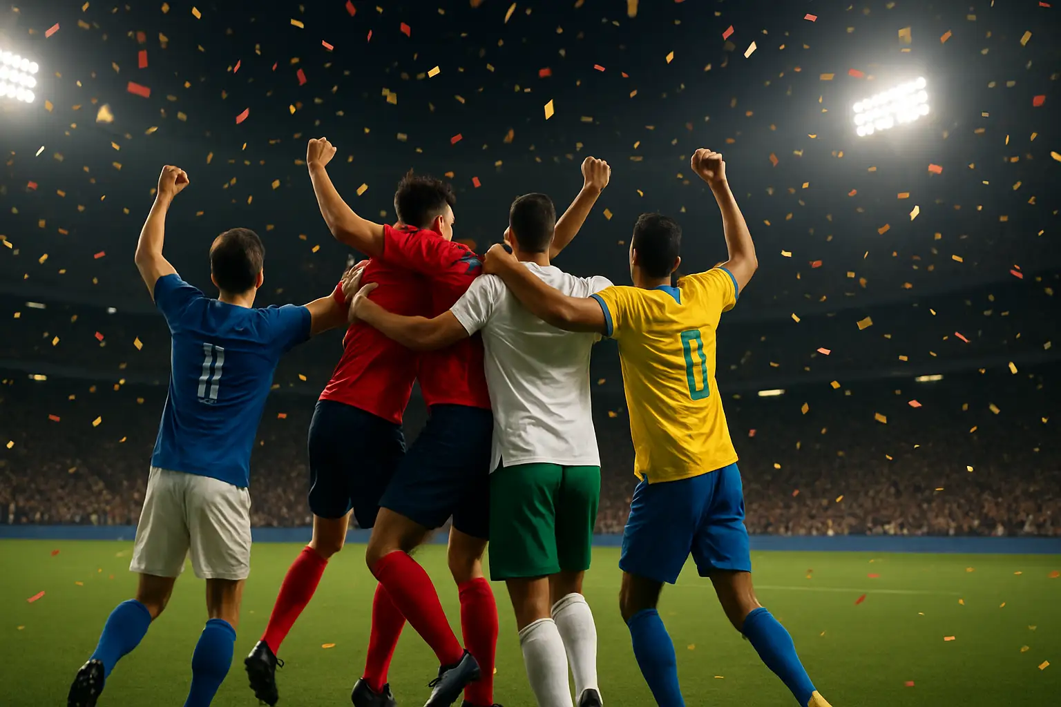 Football players from a European national team celebrating on a World Cup pitch