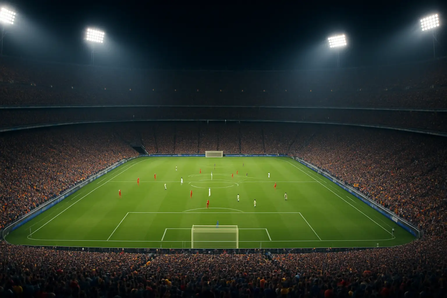 Stadium filled with fans watching a 2026 World Cup group stage match under floodlights