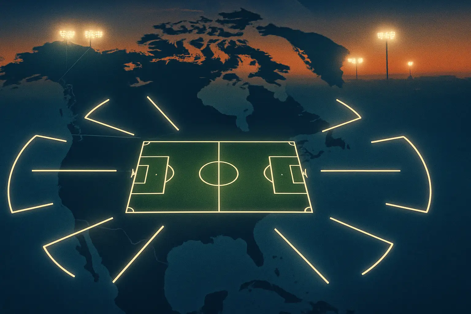 A world map with football tournament bracket lines connecting host cities across North America