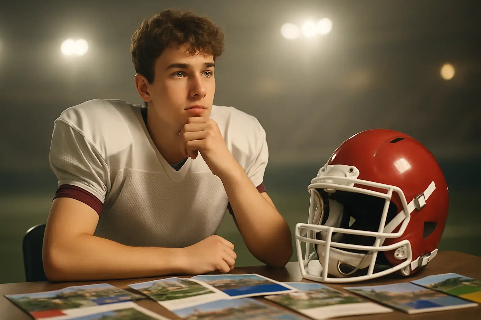 A football player in a recruitment setting reviewing college program materials on a table