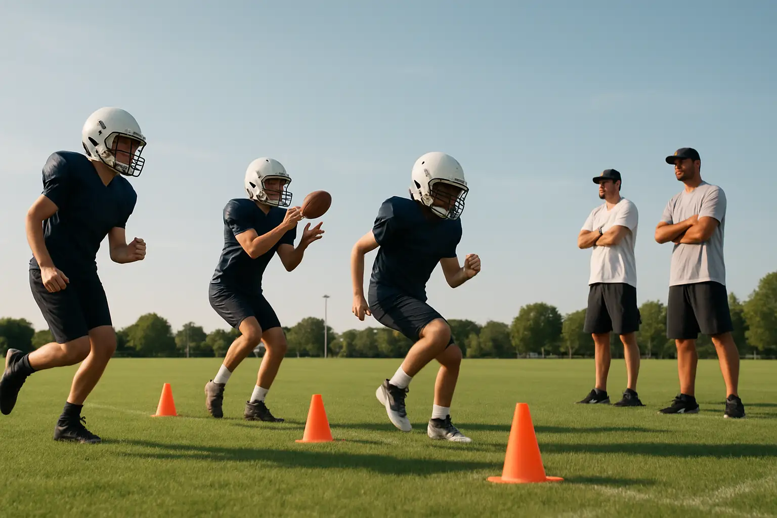 Young football players running drills on a practice field during a summer camp