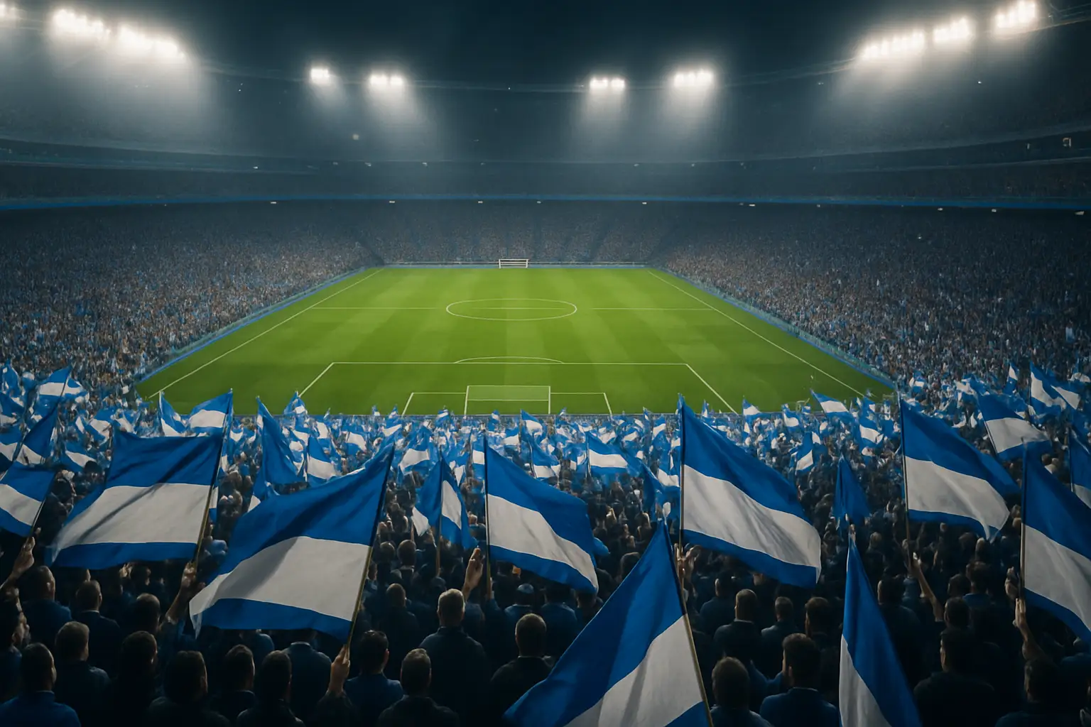 Massive crowd of football fans in stadium stands with Argentina flags