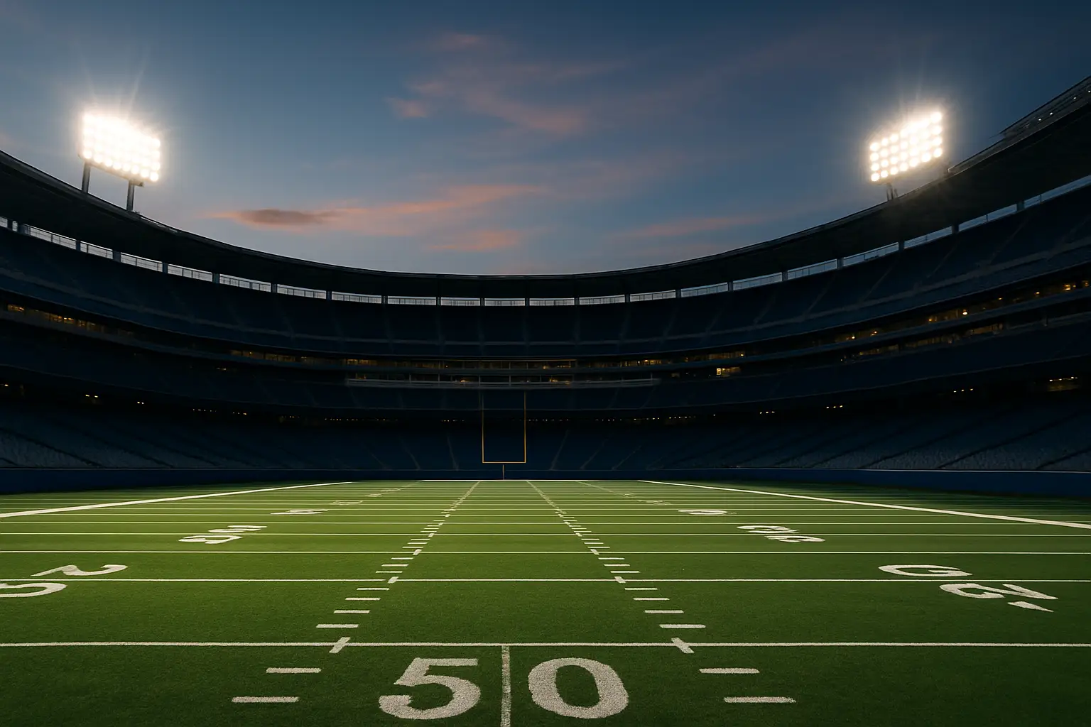 High school football players running onto a large professional stadium field under bright lights