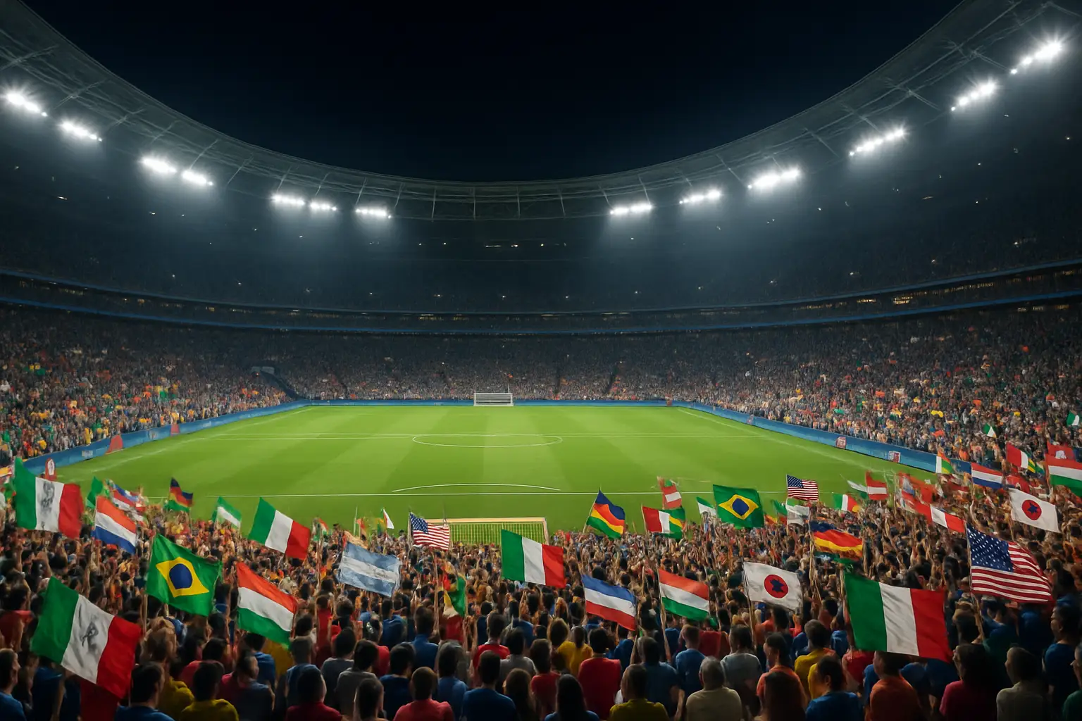 A packed football stadium at night with colorful national flags from multiple countries waving in the stands
