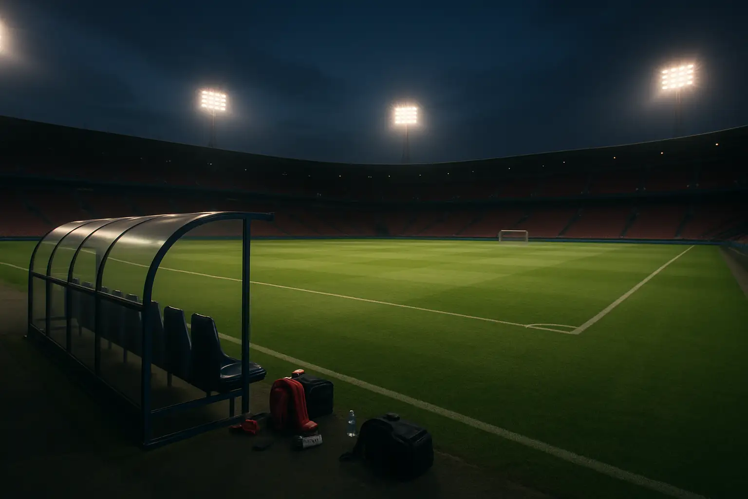 Football players on a large international tournament pitch at dusk, with empty stands and stadium lights glowing