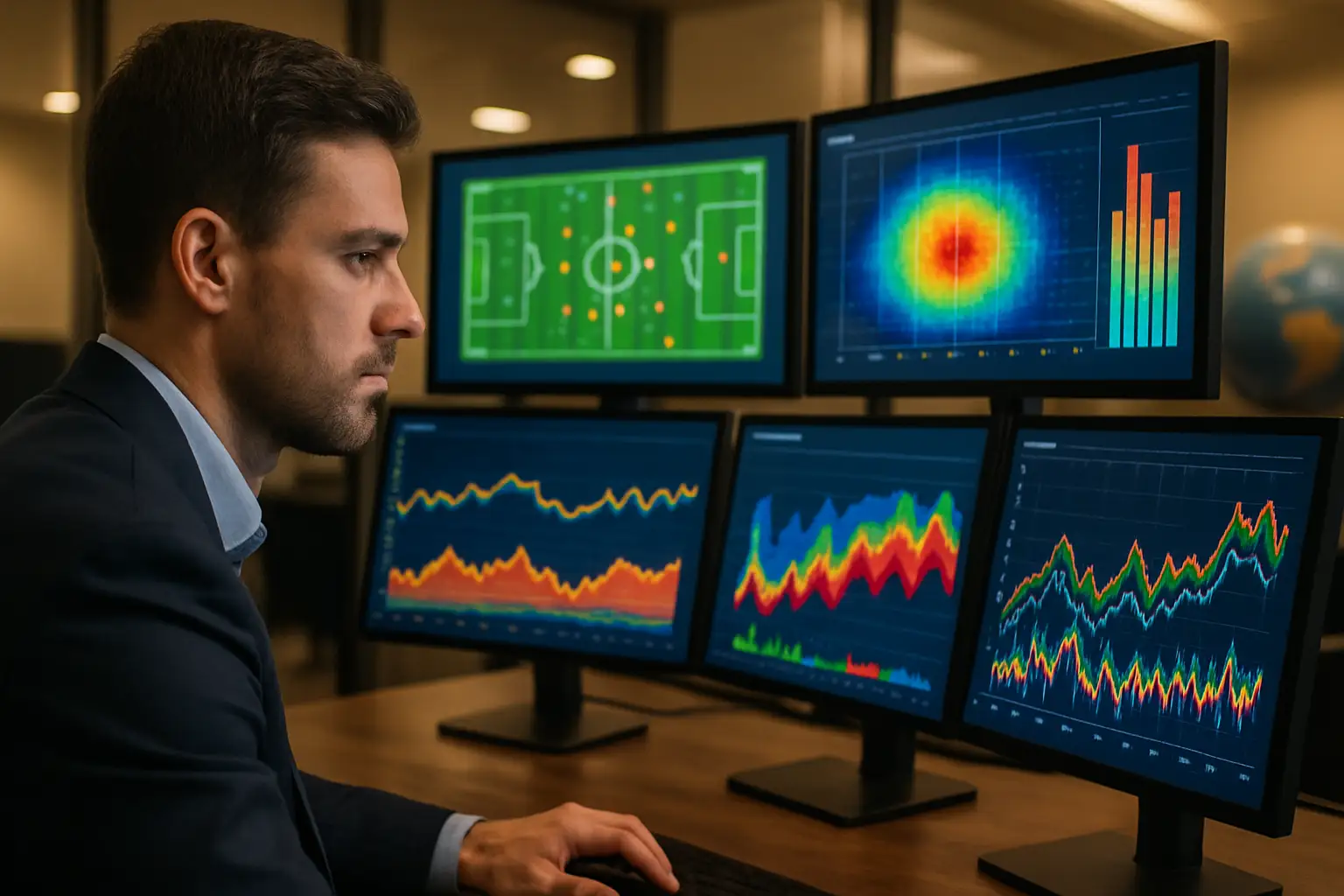A sports analyst reviewing data dashboards on multiple screens in a modern office setting