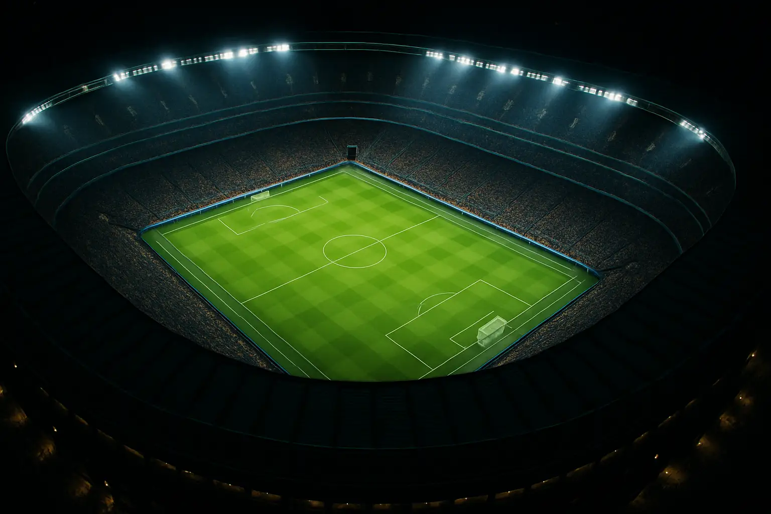 A football stadium packed with fans under bright floodlights, viewed from above