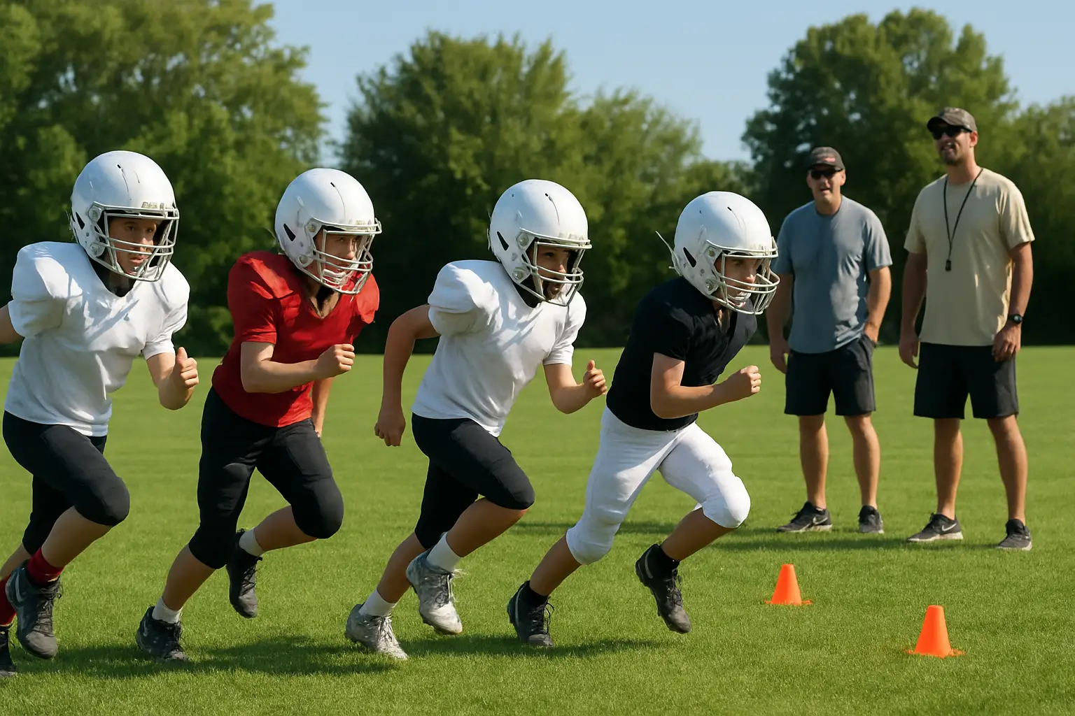 Young football players practicing drills on a grass field at a summer camp